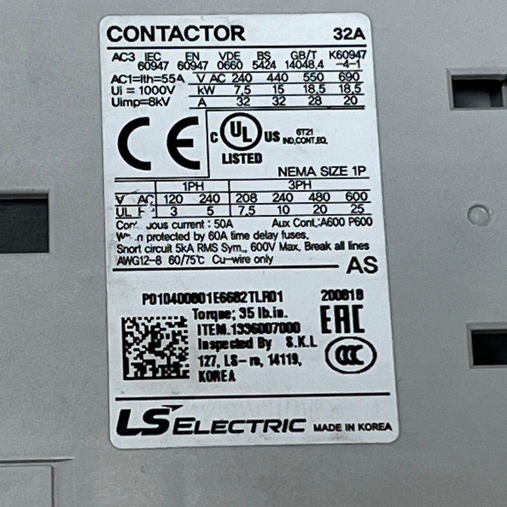 LS ELECTRIC General Purpose Contractor 32A Nema Sz1P 230VAC MC Series 1336007000