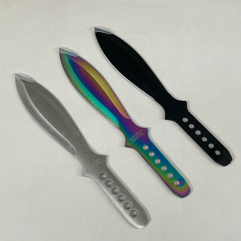 3 Piece Throwing Knife Set W/Sheath 9" Rainbow, Black, Silver Blades TK-114-3MX