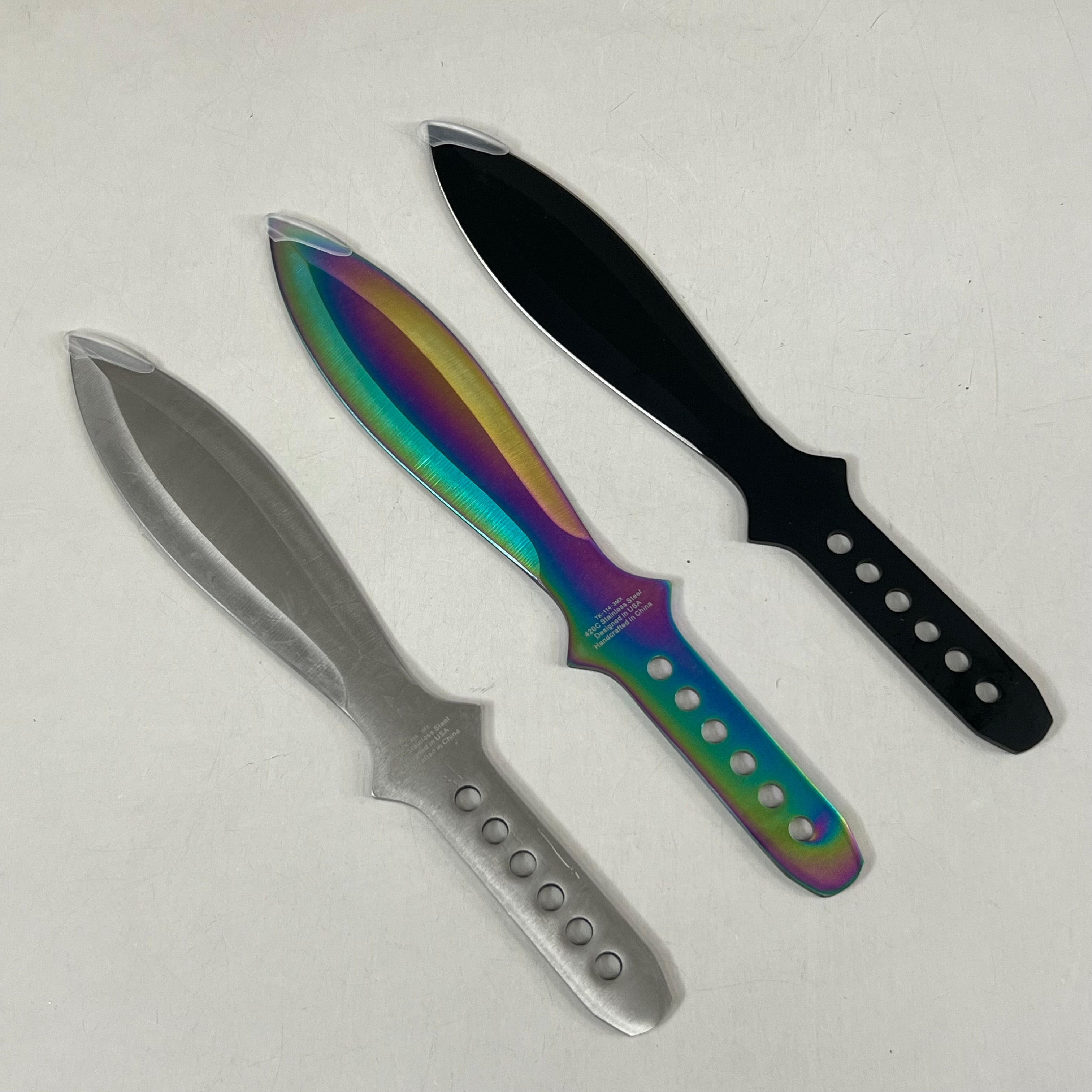 3 Piece Throwing Knife Set W/Sheath 9" Rainbow, Black, Silver Blades TK-114-3MX