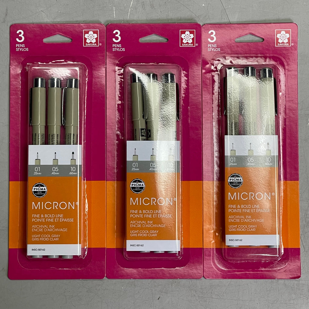 SAKURA (3-Pack) Pigma Micron Pens 0.25mm, 0.45mm, 0.60mm Light Cool Gray 37903