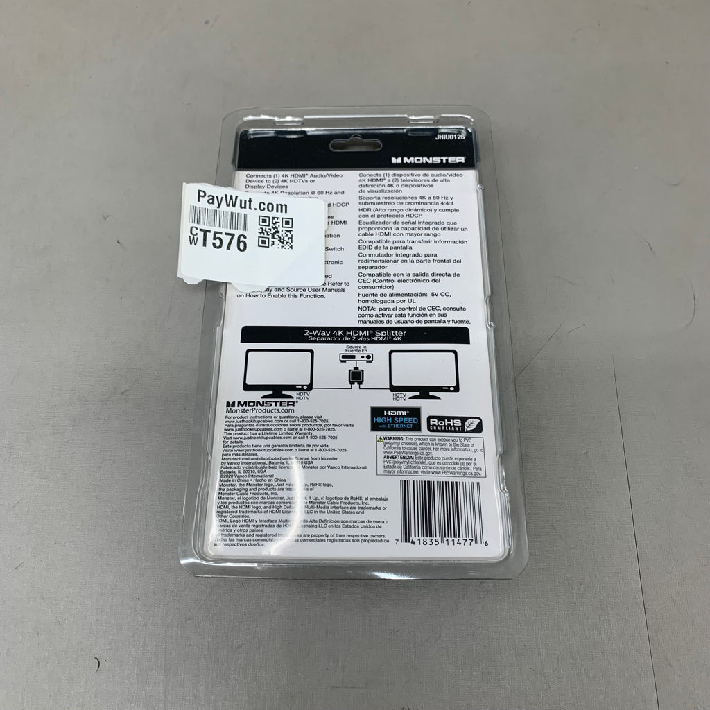 MONSTER 4K 2-Way HDMI Splitter 3"x3"Black JHIU0126