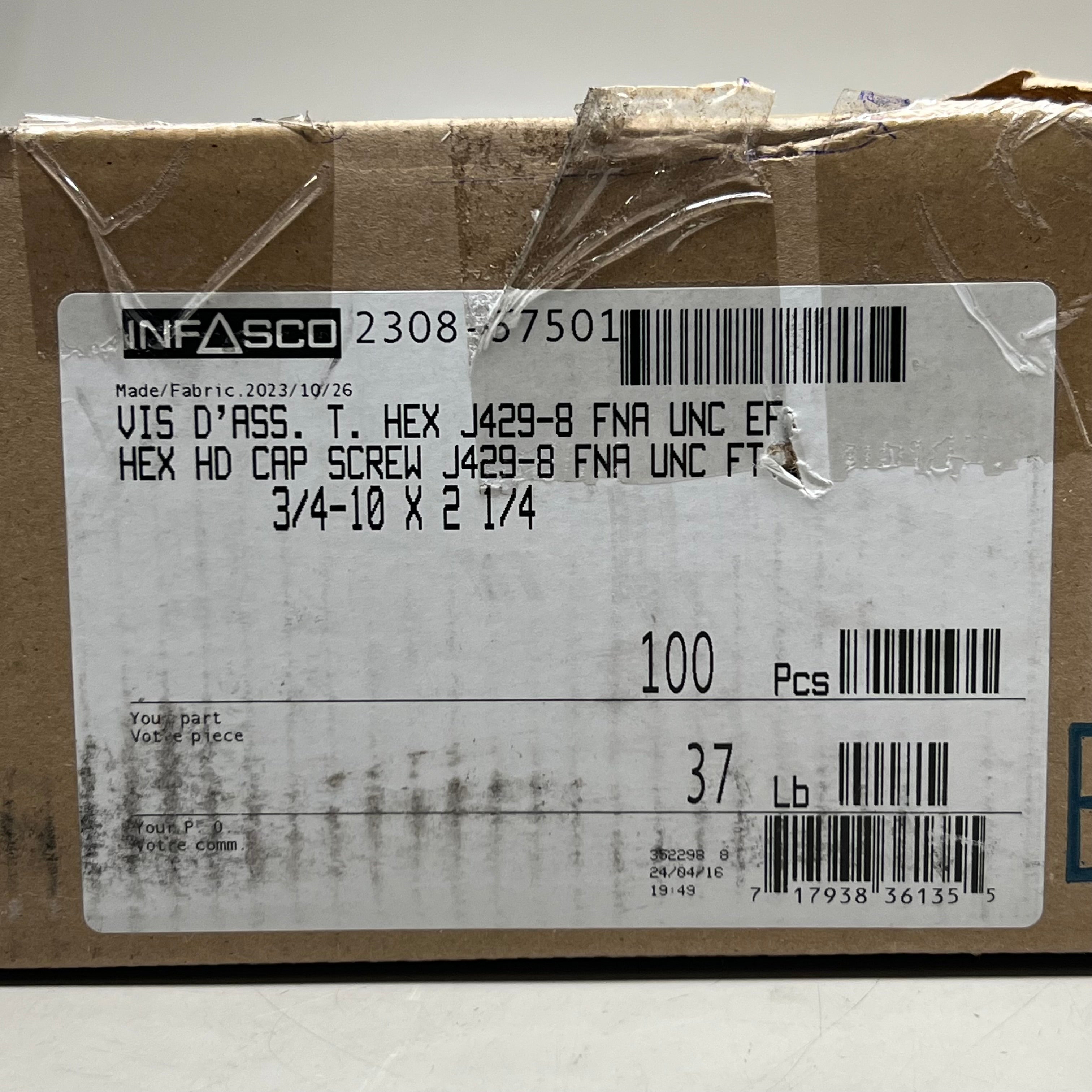 INFASCO (100 Pcs) Hex HD Cap Screws Sz 3/4-10 x 2 1/4, Black J429-8