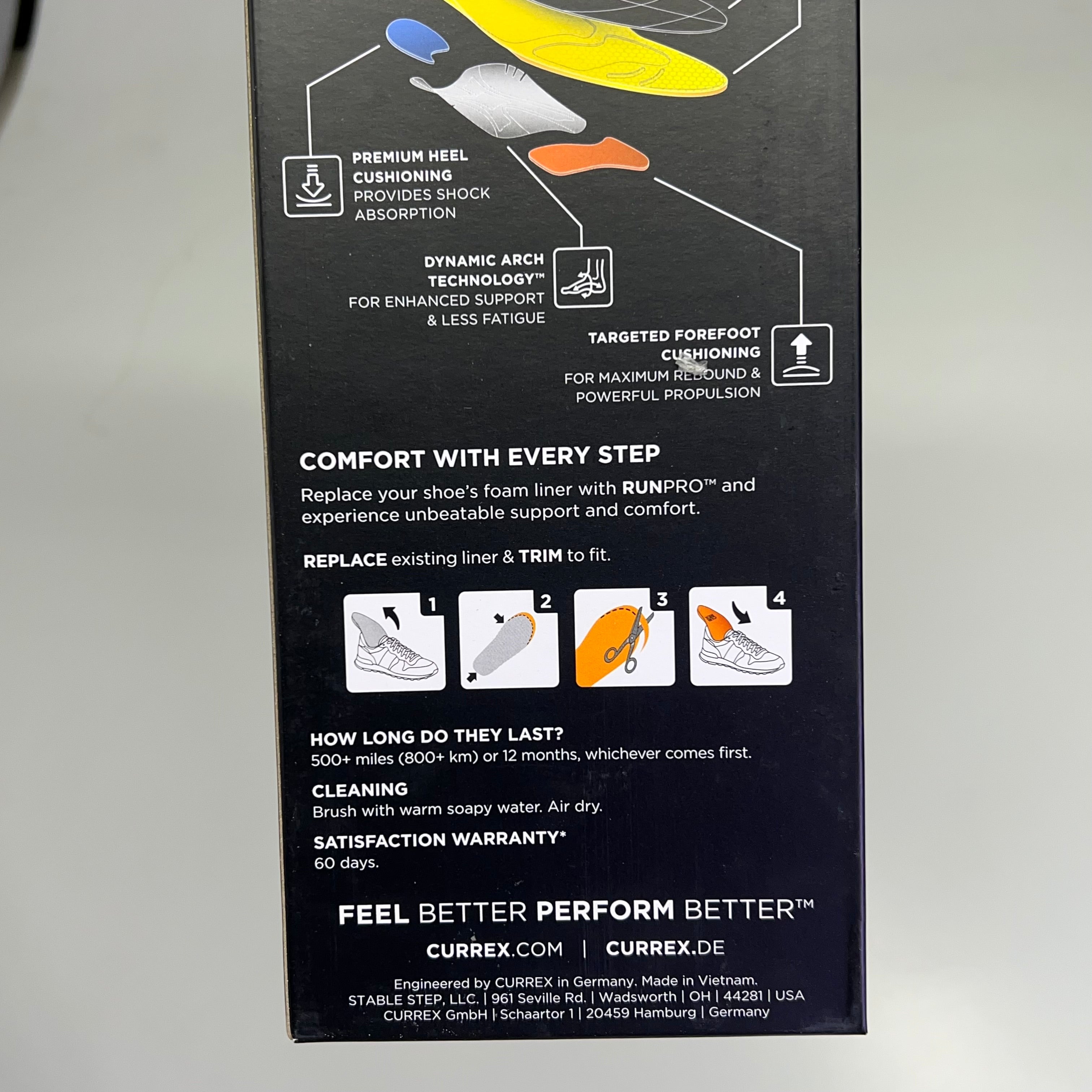 CURREX RunPro Comfort & Support Insole Mens Sz (M) 7-8.5 Black/Yellow 20123-18