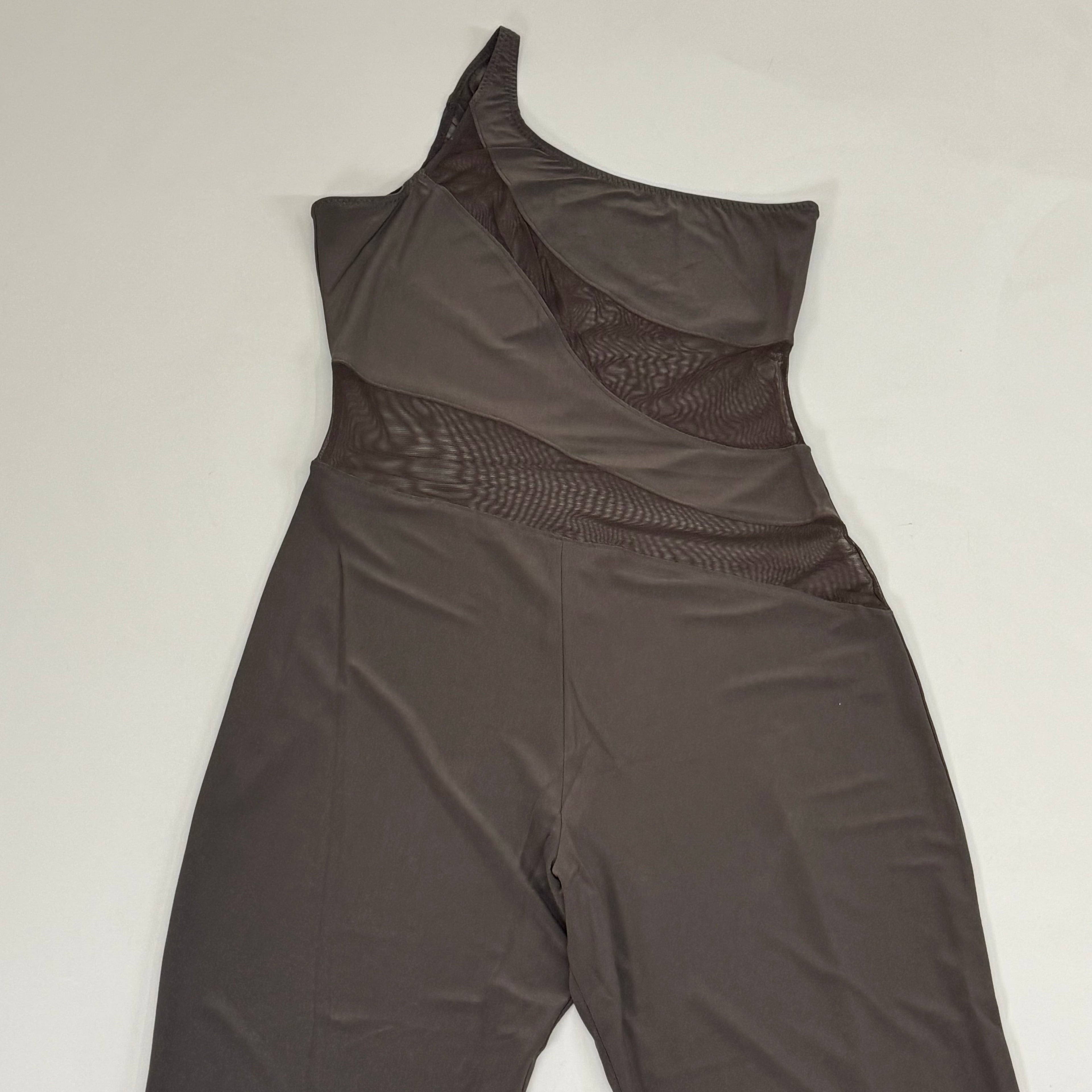 NORMA KAMALI One Shoulder Snake Mesh Catsuit Footsie Women's Sz XL/42 Chocolate