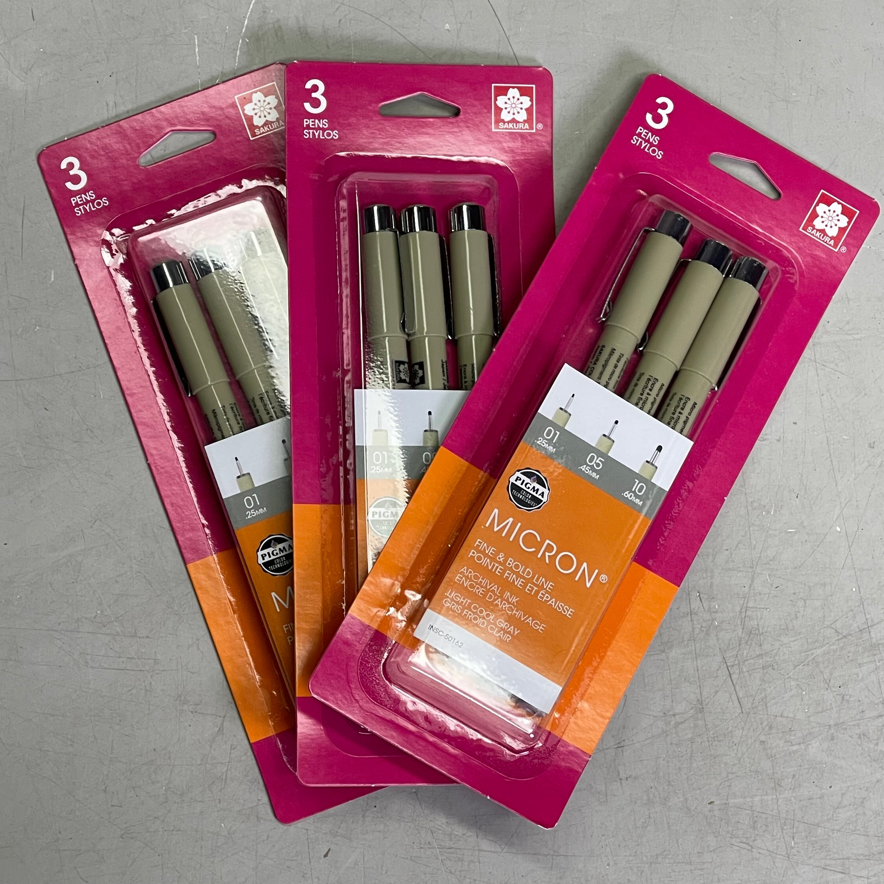 SAKURA (3-Pack) Pigma Micron Pens 0.25mm, 0.45mm, 0.60mm Light Cool Gray 37903