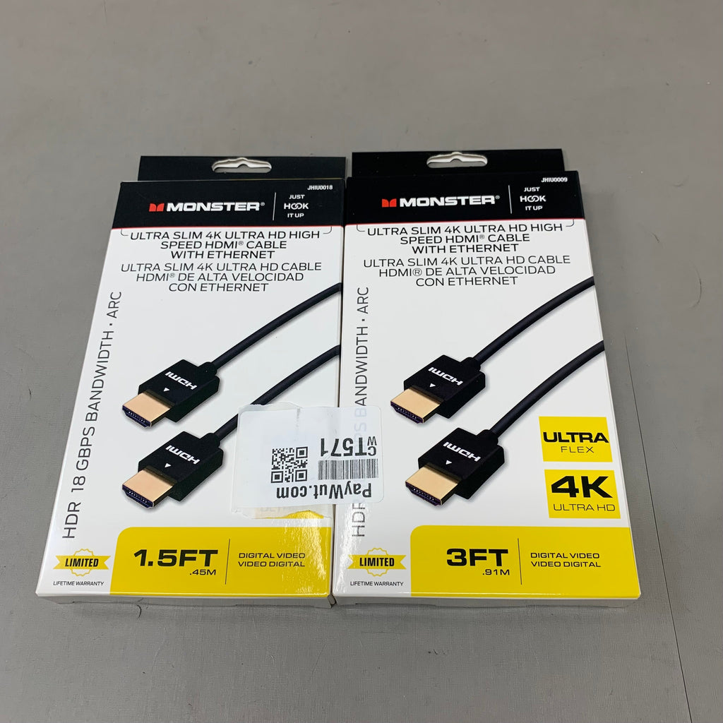 MONSTER (2 Pack) Ultra Slim 4K Ultra HD High Speed HDMI Cables 1.5Ft, 3Ft Black JHIU0009,JHIU0018