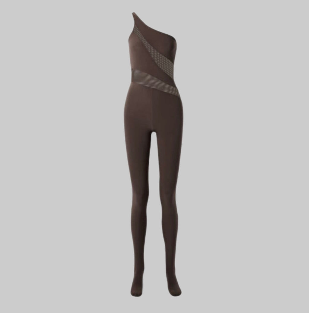 NORMA KAMALI One Shoulder Snake Mesh Catsuit Footsie Women's Sz L/40 Chocolate
