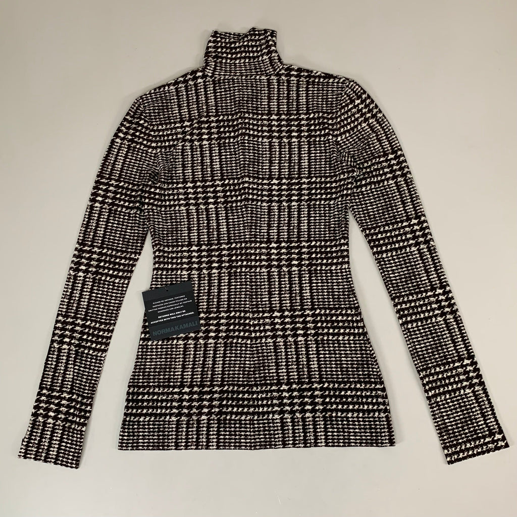 NORMA KAMALI Front Zip Slim Fit Turtle Top Women's Sz S/36 Chocolate Plaid Tweed