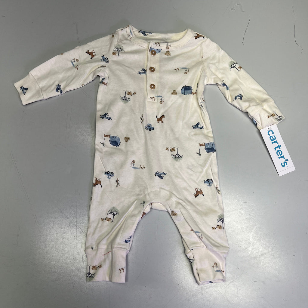 CARTERS (SET OF 2) Soft Farmhouse Pattern One Body Suit Baby Boy Sz 3M Blue/White