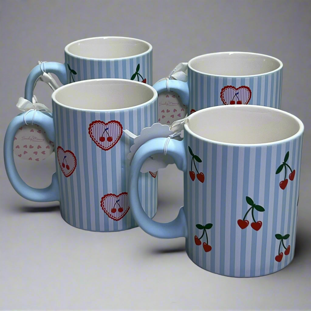 ECCOLO LTD (4 Pcs) Mugs With Fruit Design Sz 4.5" H x 3.5" D Blue MU165K
