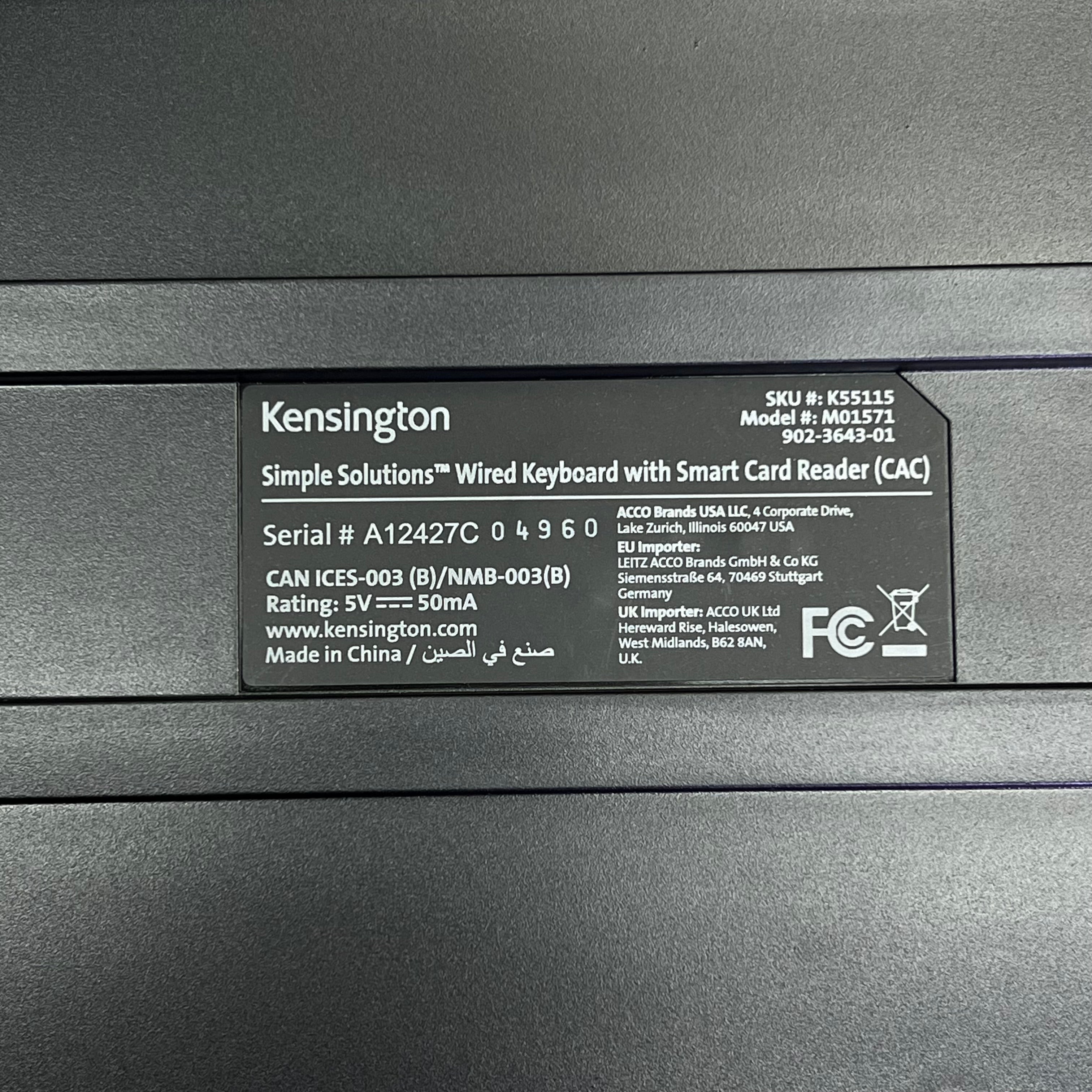 KENSINGTON Simple Solutions Wired Keyboard w/ Smart Card Reader Black K55115US