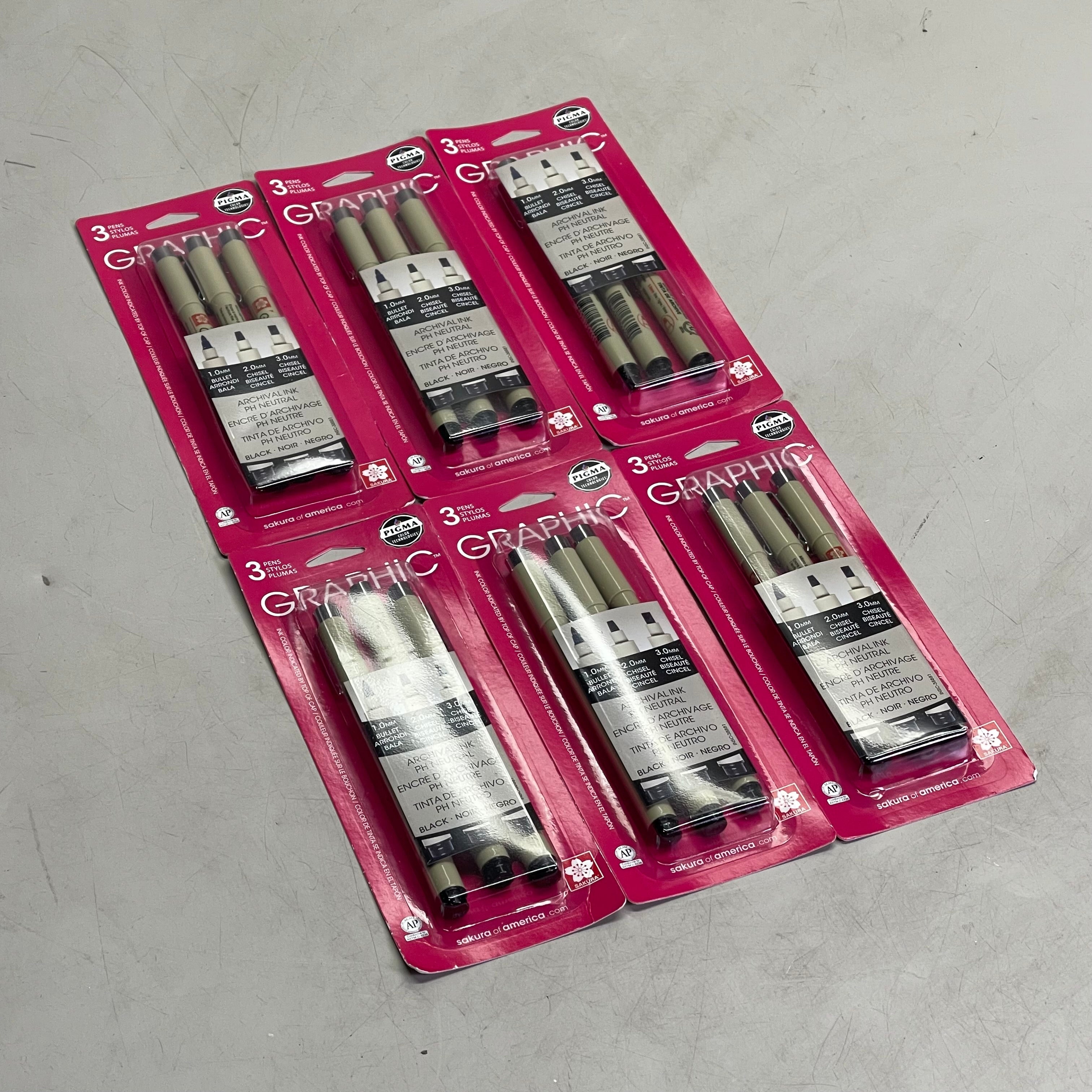 SAKURA (6-PACK) Pigma Graphic Pens, Archival Ink 1mm, 2mm, 3mm Black 38881