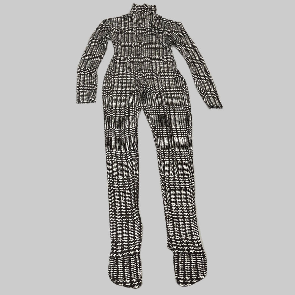 NORMA KAMALI Sleeve Open Back Catsuit Footsie Women's Sz M/38 Chocolate Plaid