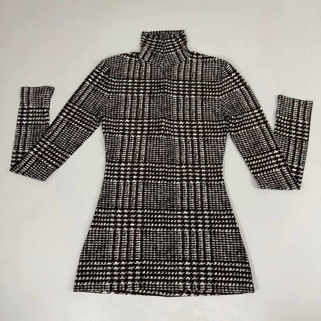 NORMA KAMALI Front Zip Slim Fit Turtle Top Women's Sz XS/34 Chocolate Plaid Tweed