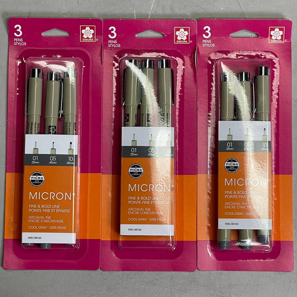 SAKURA (3-PACK) Pigma Micron Pens 0.25mm, 0.45mm, 0.60mm Cool Gray 50163