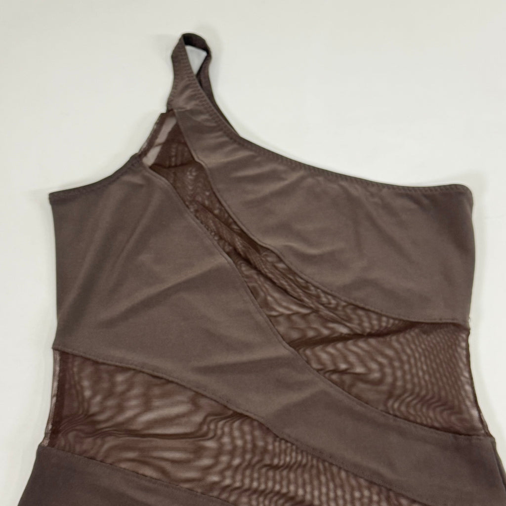NORMA KAMALI One Shoulder Snake Mesh Catsuit Footsie Women's Sz L/40 Chocolate