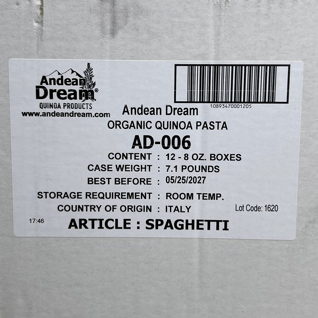 ANDEAN DREAM (12 Pack) Organic Quinoa Pasta 8 oz/Box AD-006 BB 05/27