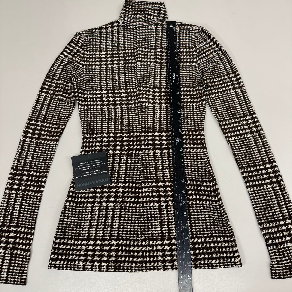 NORMA KAMALI Front Zip Slim Fit Turtle Top Women's Sz XS/34 Chocolate Plaid Tweed
