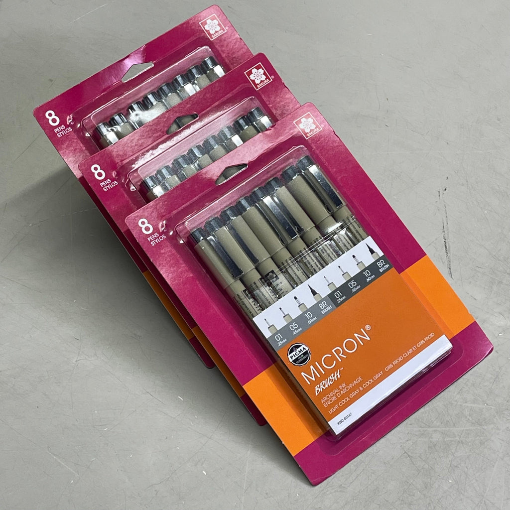 SAKURA (3-PACK) Pigma Micron Pens & Brush 0.25mm, 0.45mm, 0.60mm Gray 50167