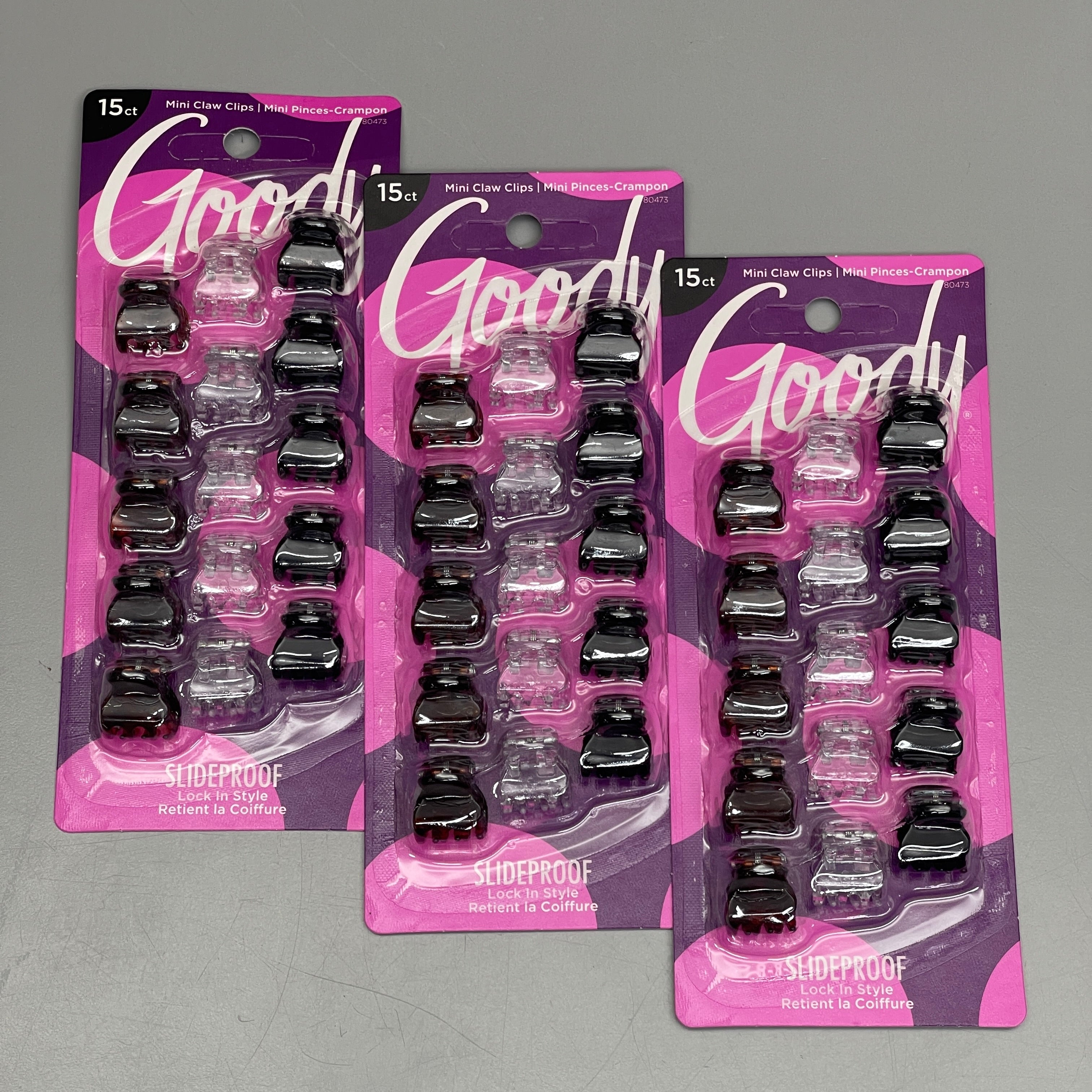 GOODY 3 Sets of 15! Mini Claw Hair Clips 45 CT Black/Brown/Clear 3000136 (New)