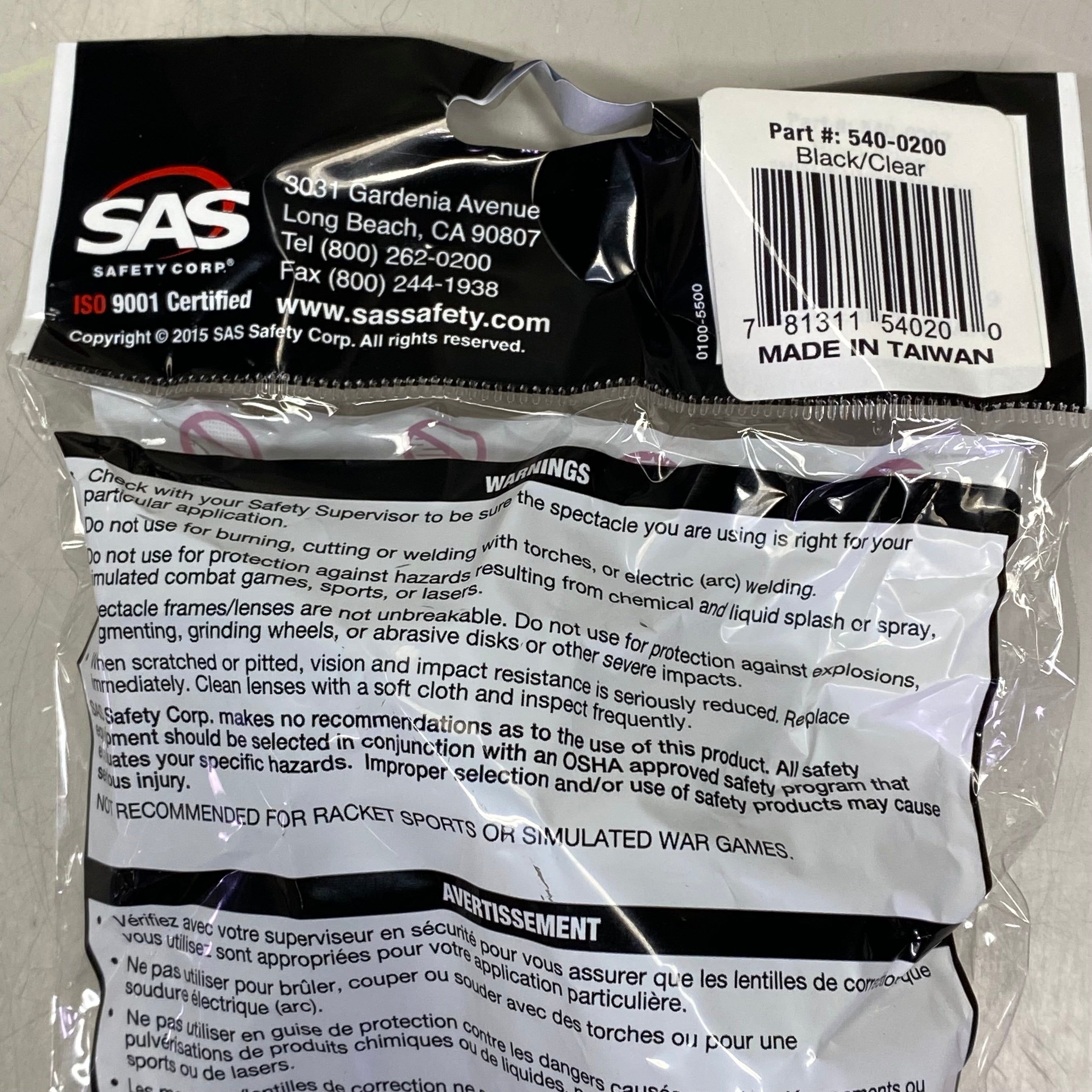 SAS SAFETY CORP (12 PACK) Premium Safety Eyerwear Black Frame/Clear Lens 540-0200