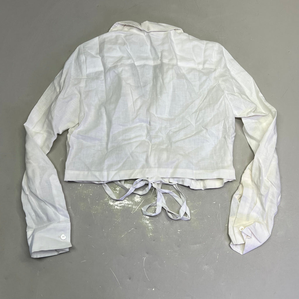 PEITO'S 100% Linen Cropped Long Sleeve Collared Shirt Women's Sz S Solid White