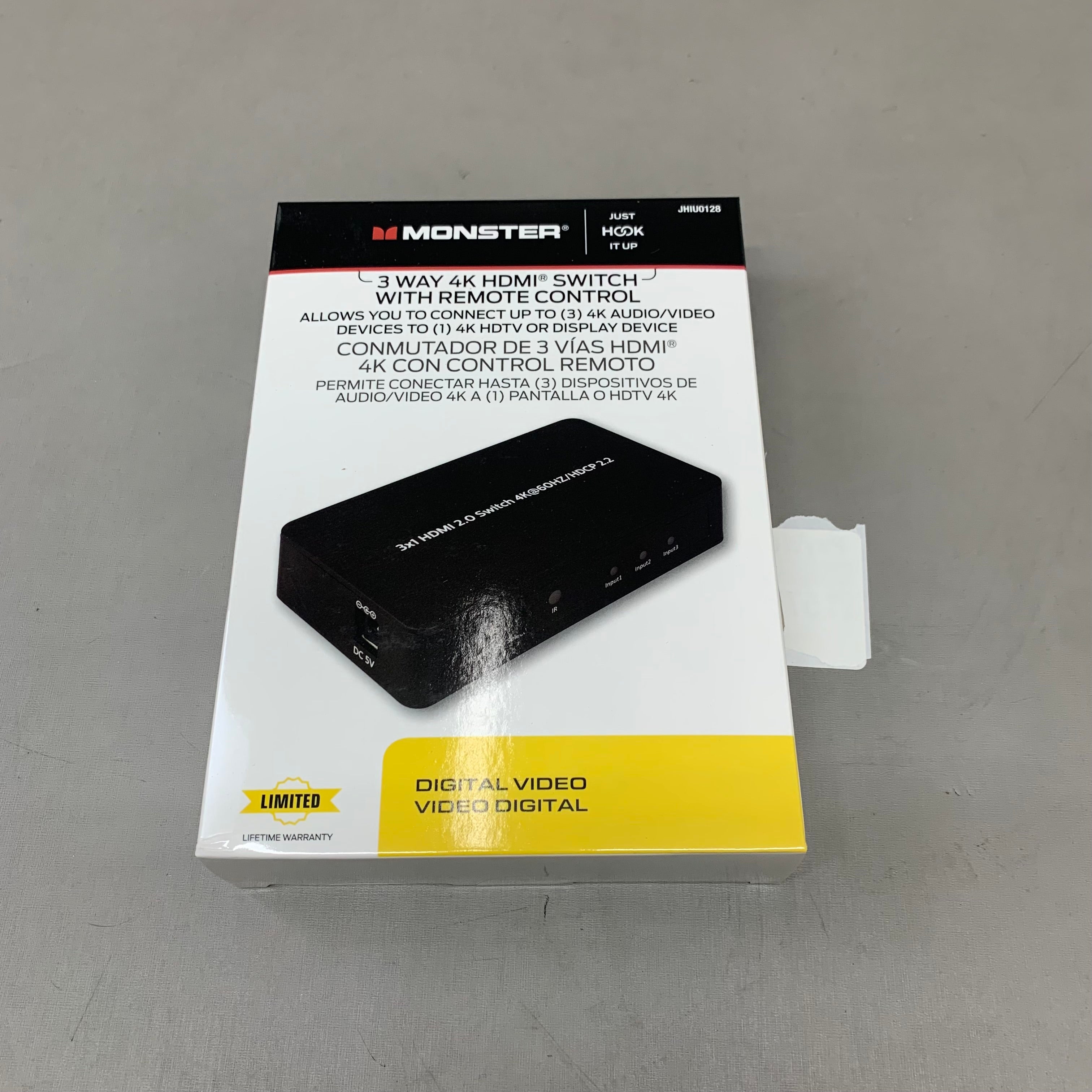 MONSTER 3-Way 4K HDMI Switch W/ Remote Control 6"x8" Black JHIU0128