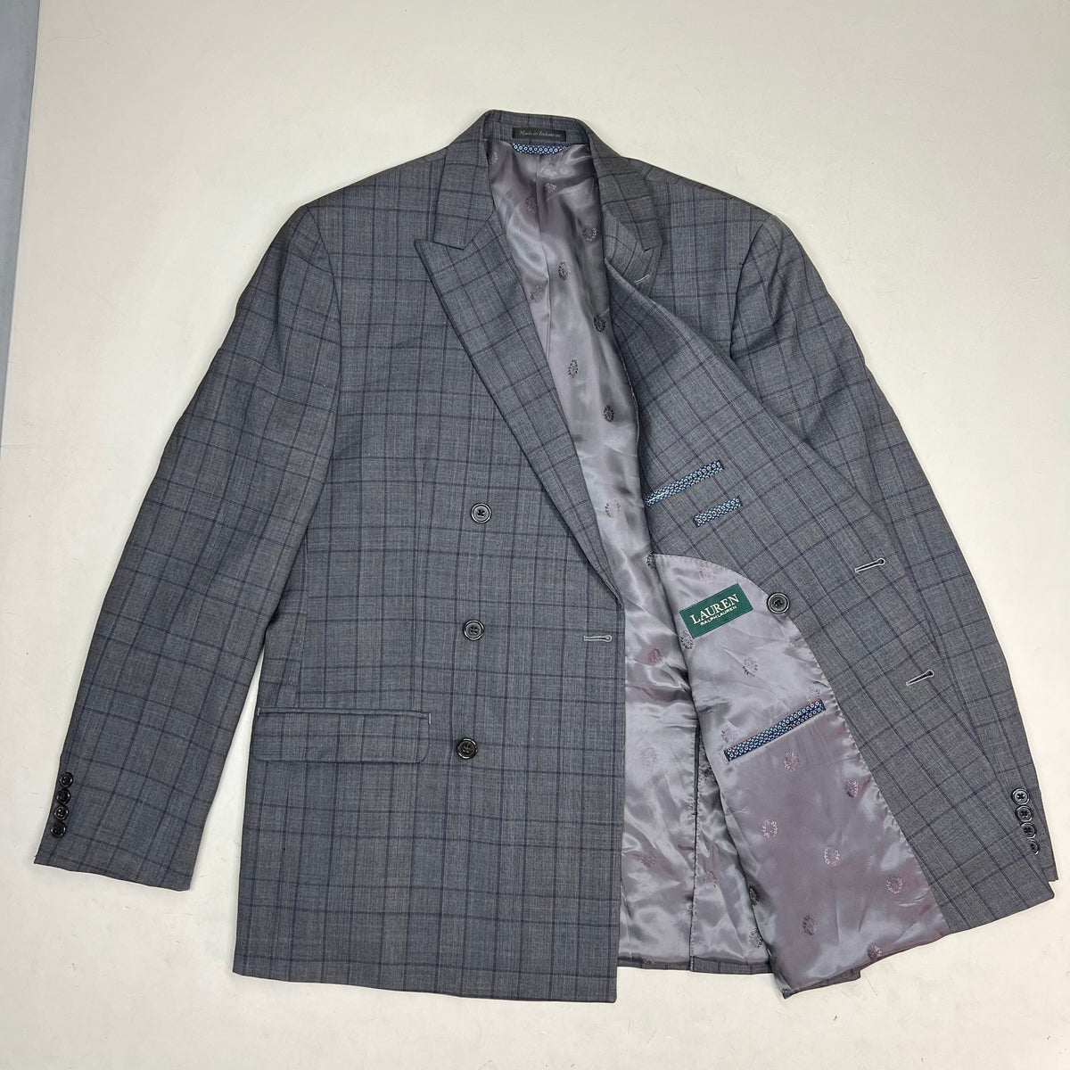 RALPH LAUREN  70% Wool Hand Tailored Suit Set Men's Sz 42 L Grey Purple Plaid (Pre-Owned)