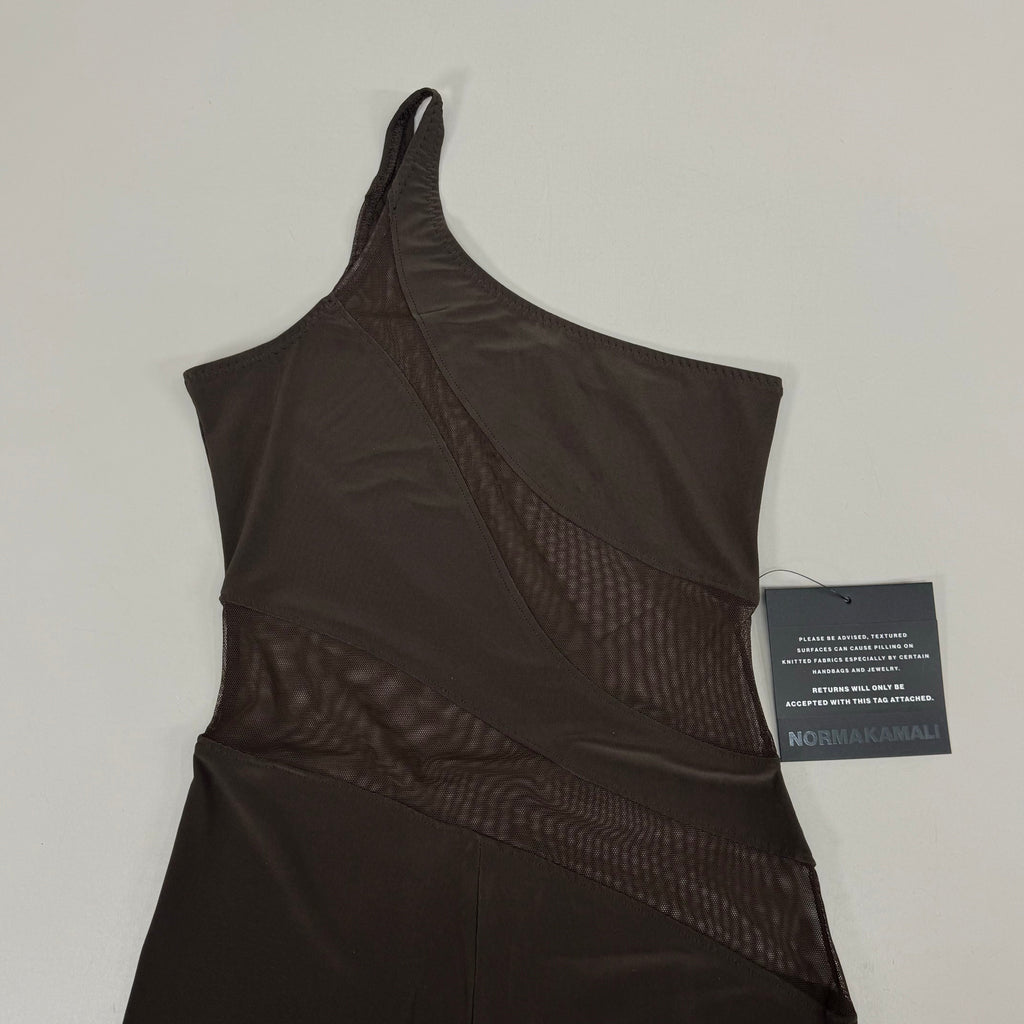 NORMA KAMALI One Shoulder Snake Mesh Catsuit Footsie Women's Sz M/38 Chocolate