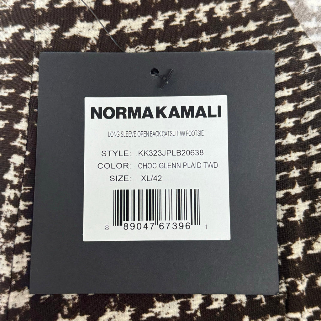 NORMA KAMALI Sleeve Open Back Catsuit Footsie Women's Sz XL/42 Chocolate Plaid