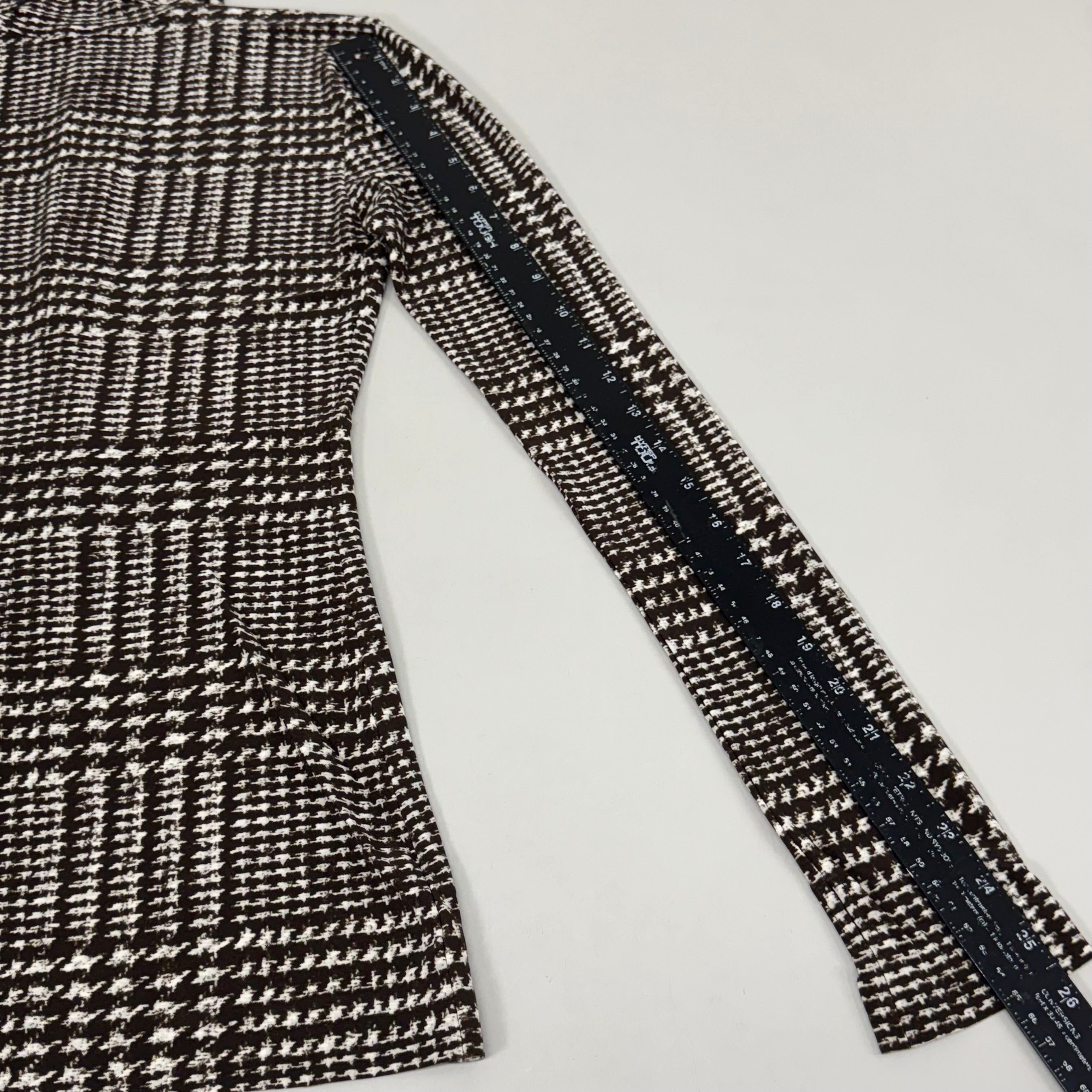 NORMA KAMALI Front Zip Slim Fit Turtle Top Women's Sz XS/34 Chocolate Plaid Tweed