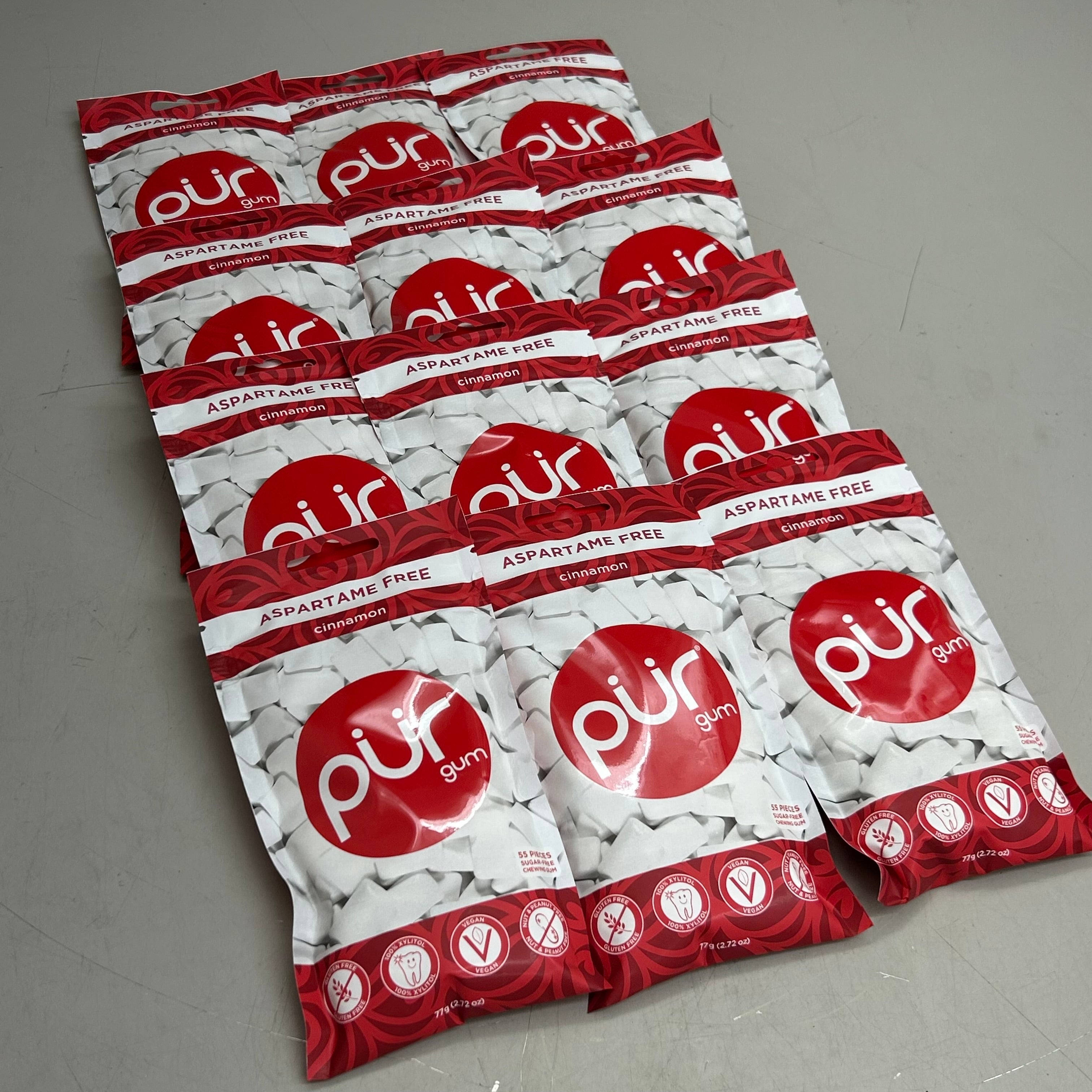 PUR (12 PACK, 55 Pieces Each) Sugar Free Cinnamon Flavored Chewing Gum