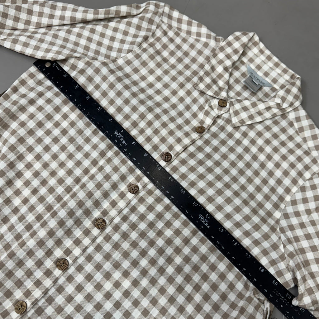 MULTIPLES Button-Up Plaid Shirt w/Cuff Petite Women's Sz PM Brown/Cream M44506BP