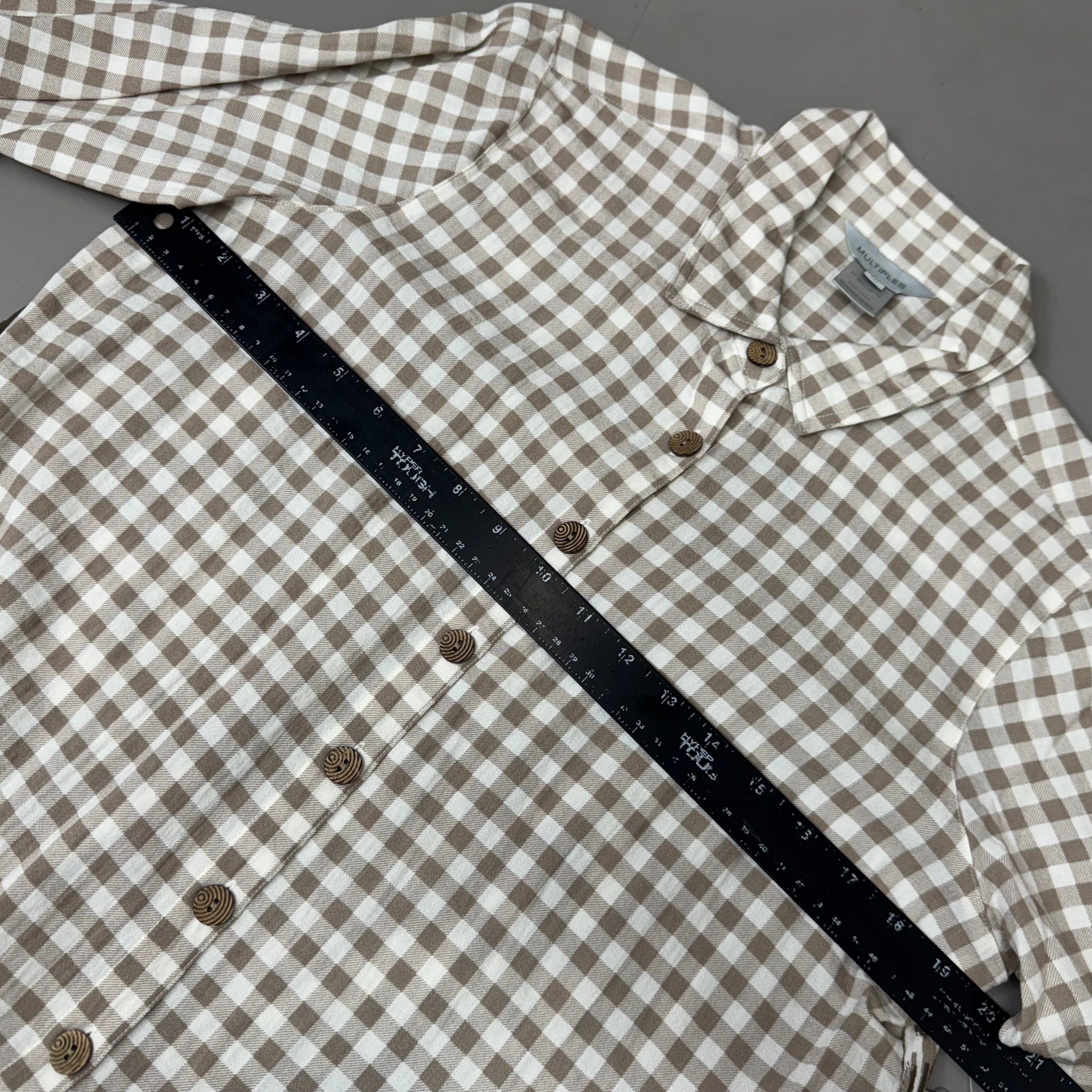 MULTIPLES Button-Up Plaid Shirt w/Cuff Petite Women's Sz PM Brown/Cream M44506BP
