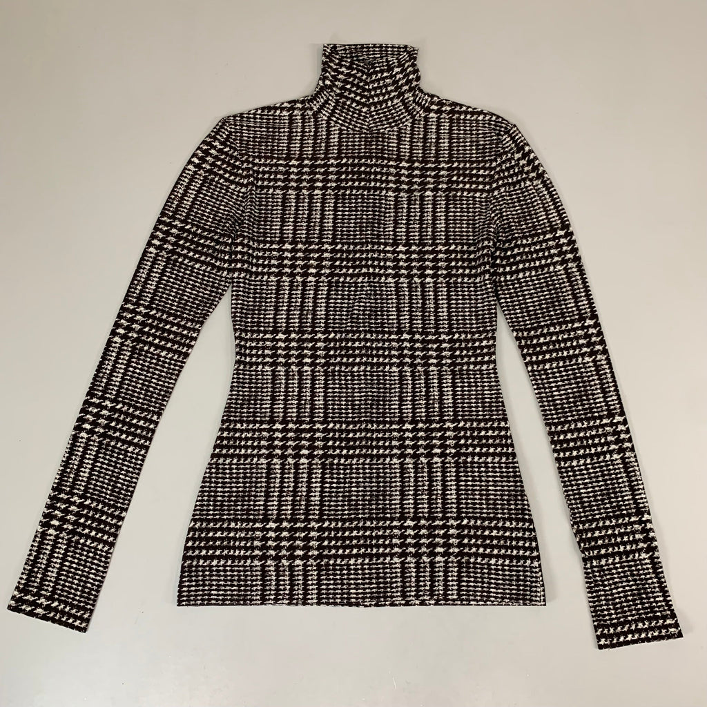 NORMA KAMALI Front Zip Slim Fit Turtle Top Women's Sz S/36 Chocolate Plaid Tweed