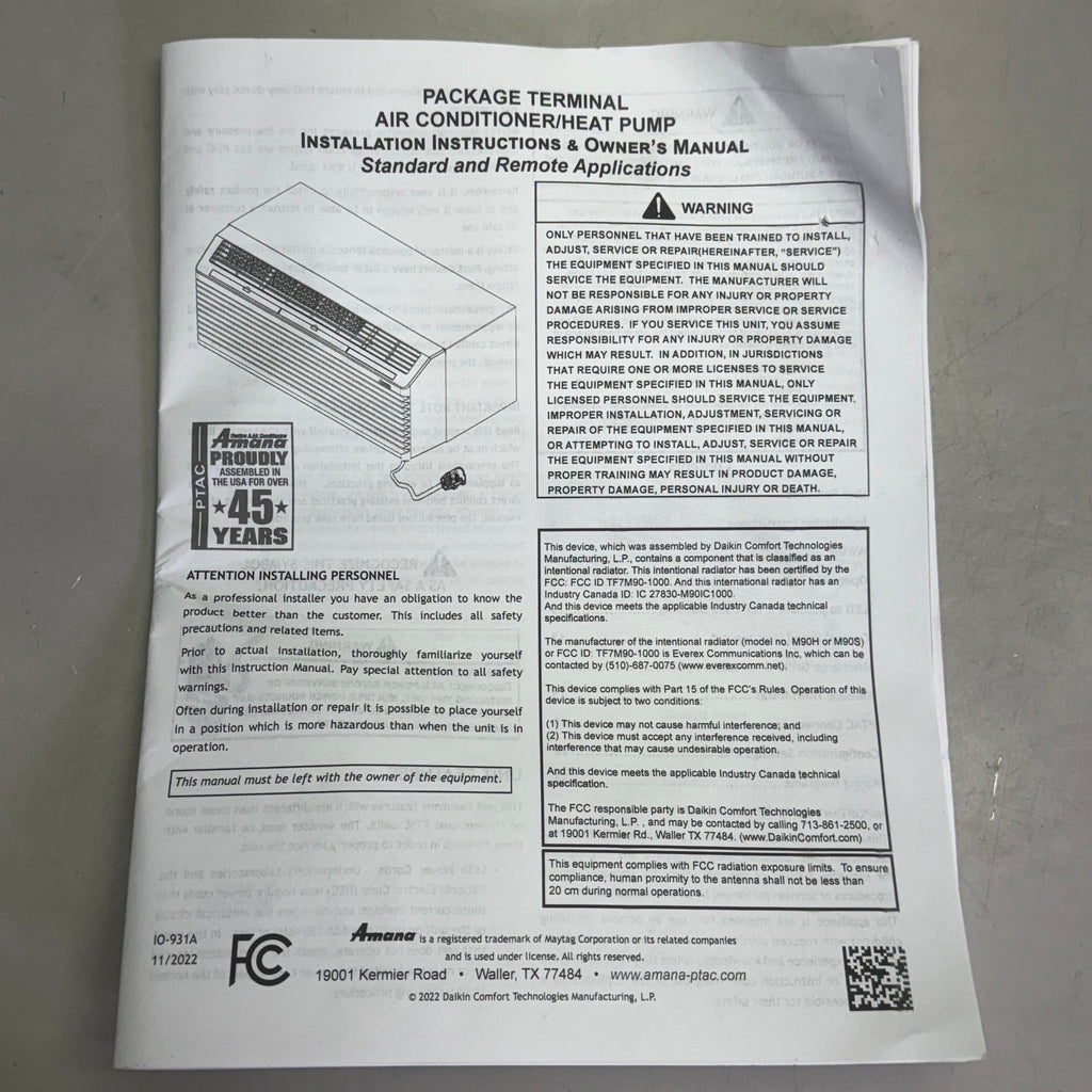 AMANA PTAC Wall Mounted Air Conditioner White 15000  BTUPTC153K35CXXX (New Other)