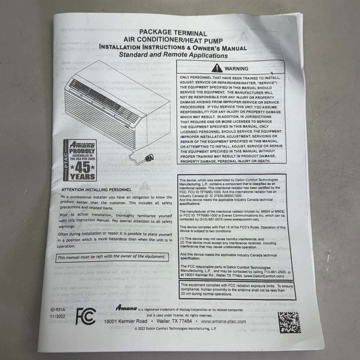 AMANA PTAC Wall Mounted Air Conditioner White 15000  BTUPTC153K35CXXX (New Other)