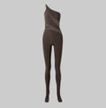 NORMA KAMALI One Shoulder Snake Mesh Catsuit Footsie Women's Sz XS/34 Chocolate