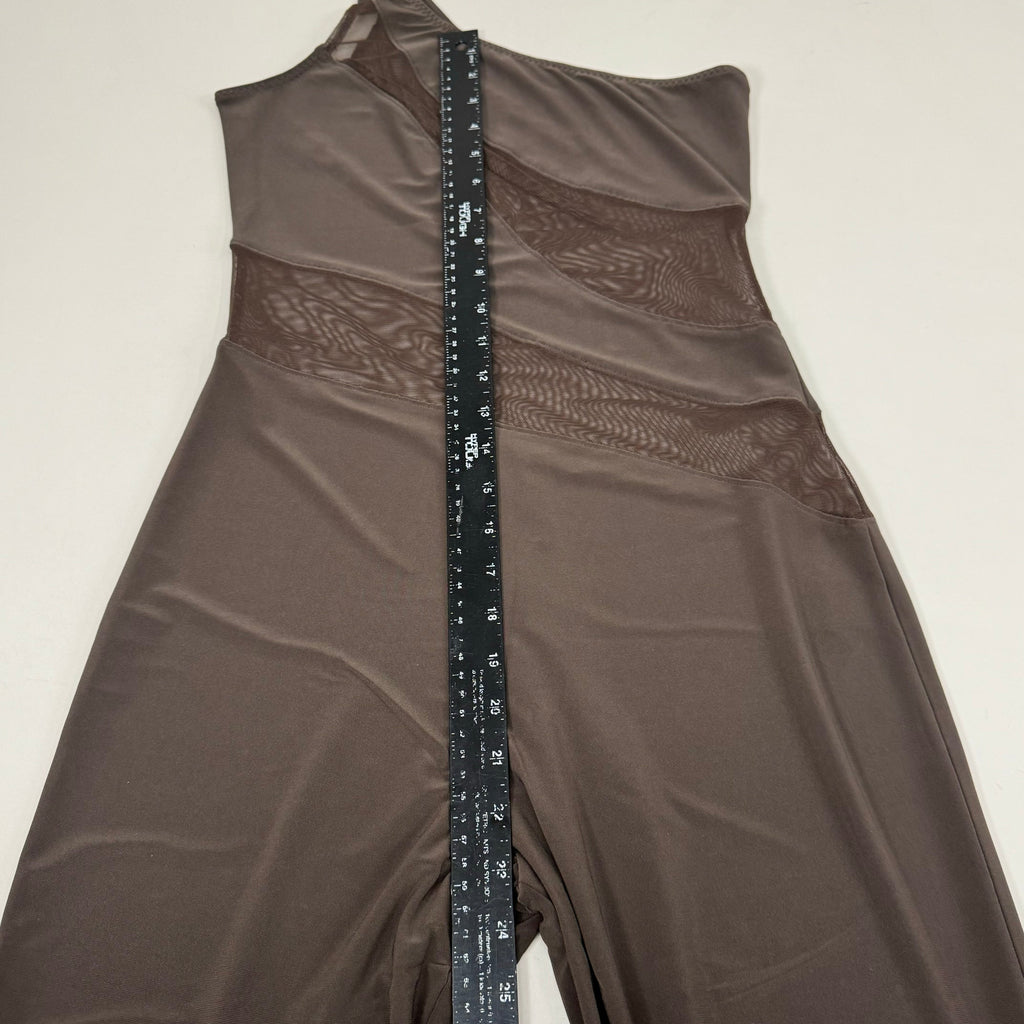 NORMA KAMALI One Shoulder Snake Mesh Catsuit Footsie Women's Sz L/40 Chocolate