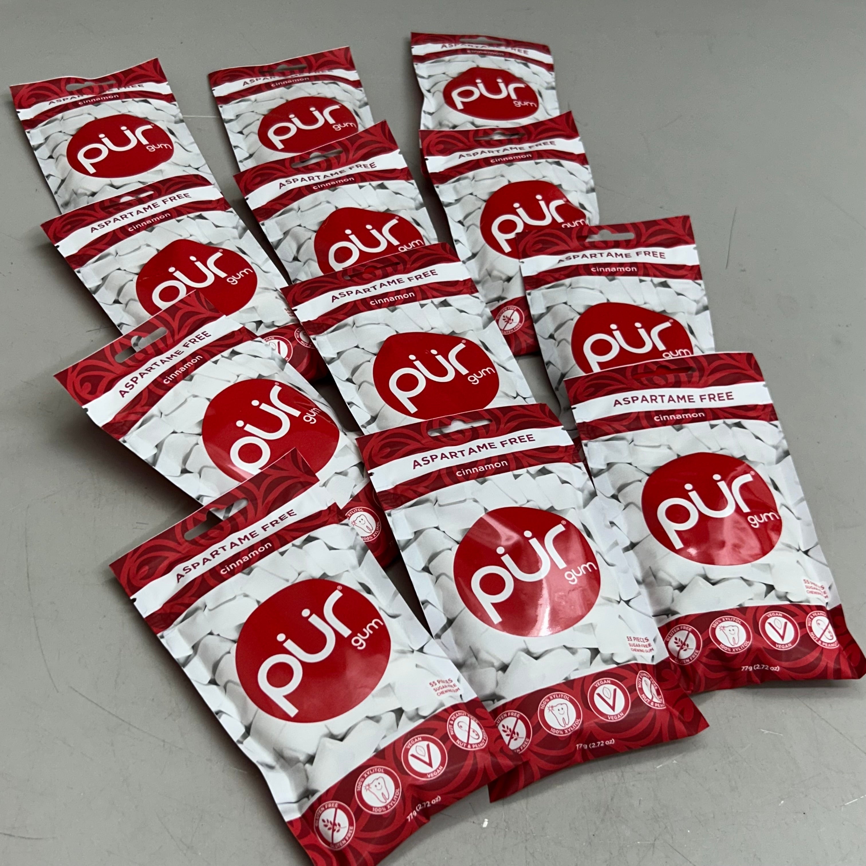 PUR (12 PACK, 55 Pieces Each) Sugar Free Cinnamon Flavored Chewing Gum