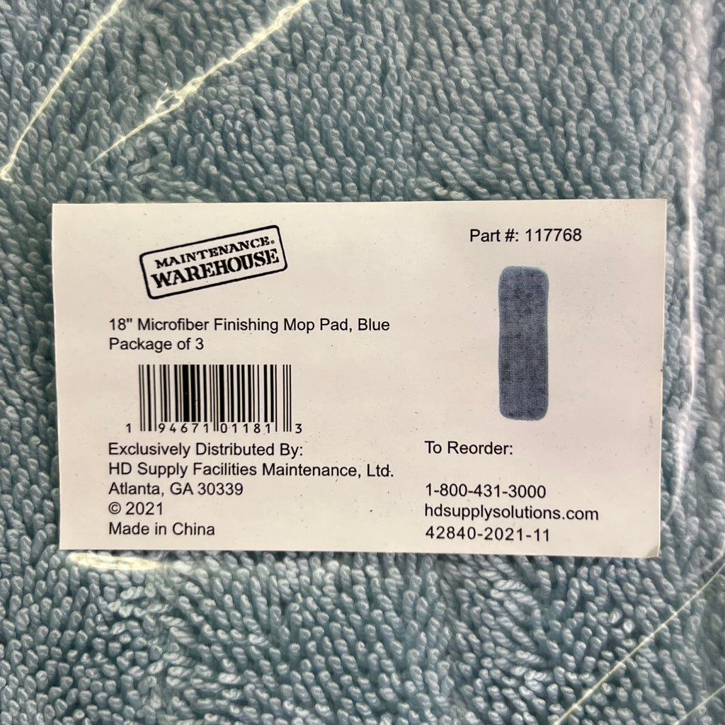 MAINTENANCE WAREHOUSE (3 PK of 3 Pcs) 18" Microfiber Finishing Mop Pad 117768