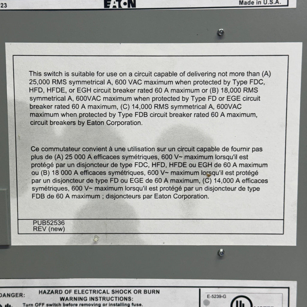 EATON Heavy Duty Safety Switch Sz 48" x 34", Grey DH261UGK