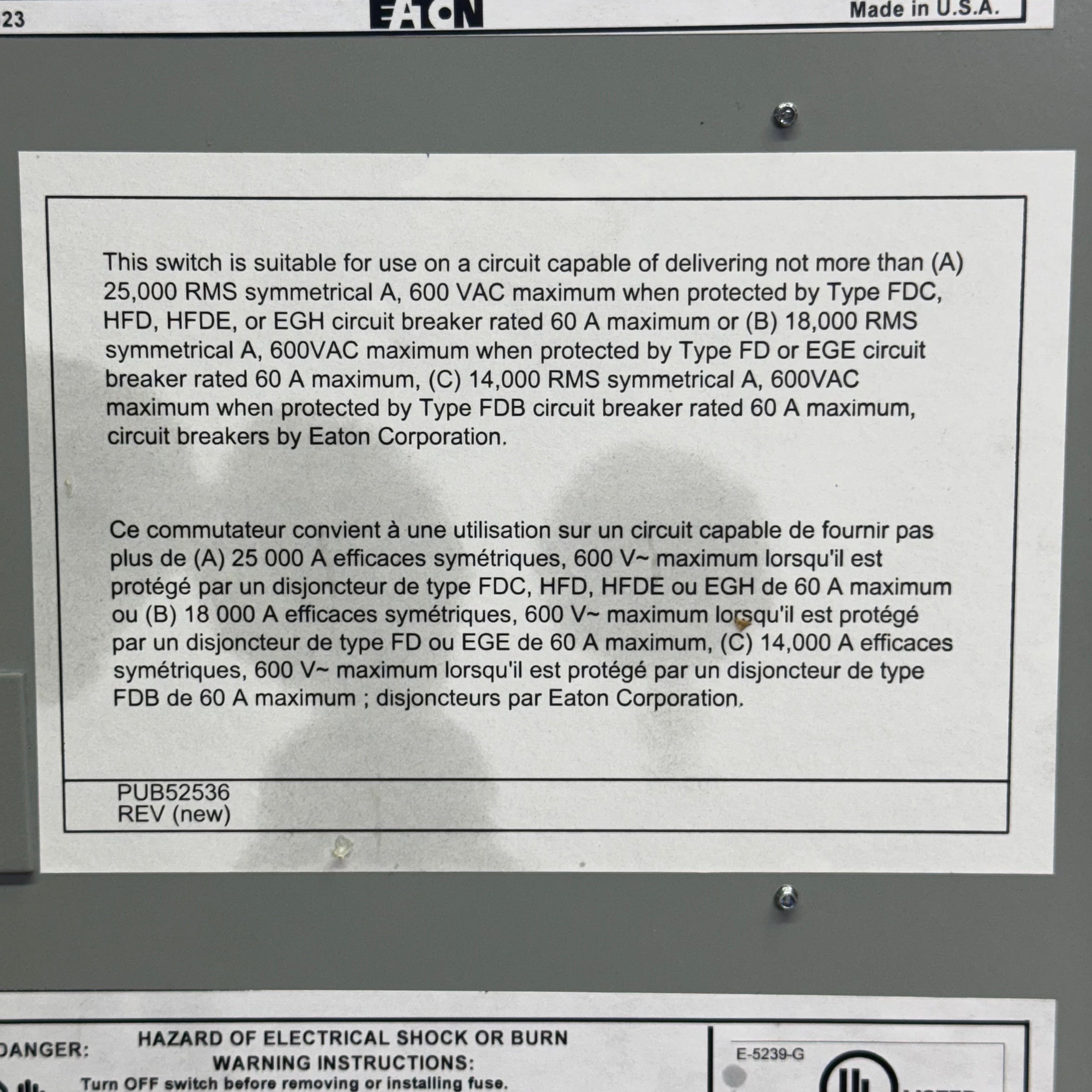 EATON Heavy Duty Safety Switch Sz 48" x 34", Grey DH261UGK