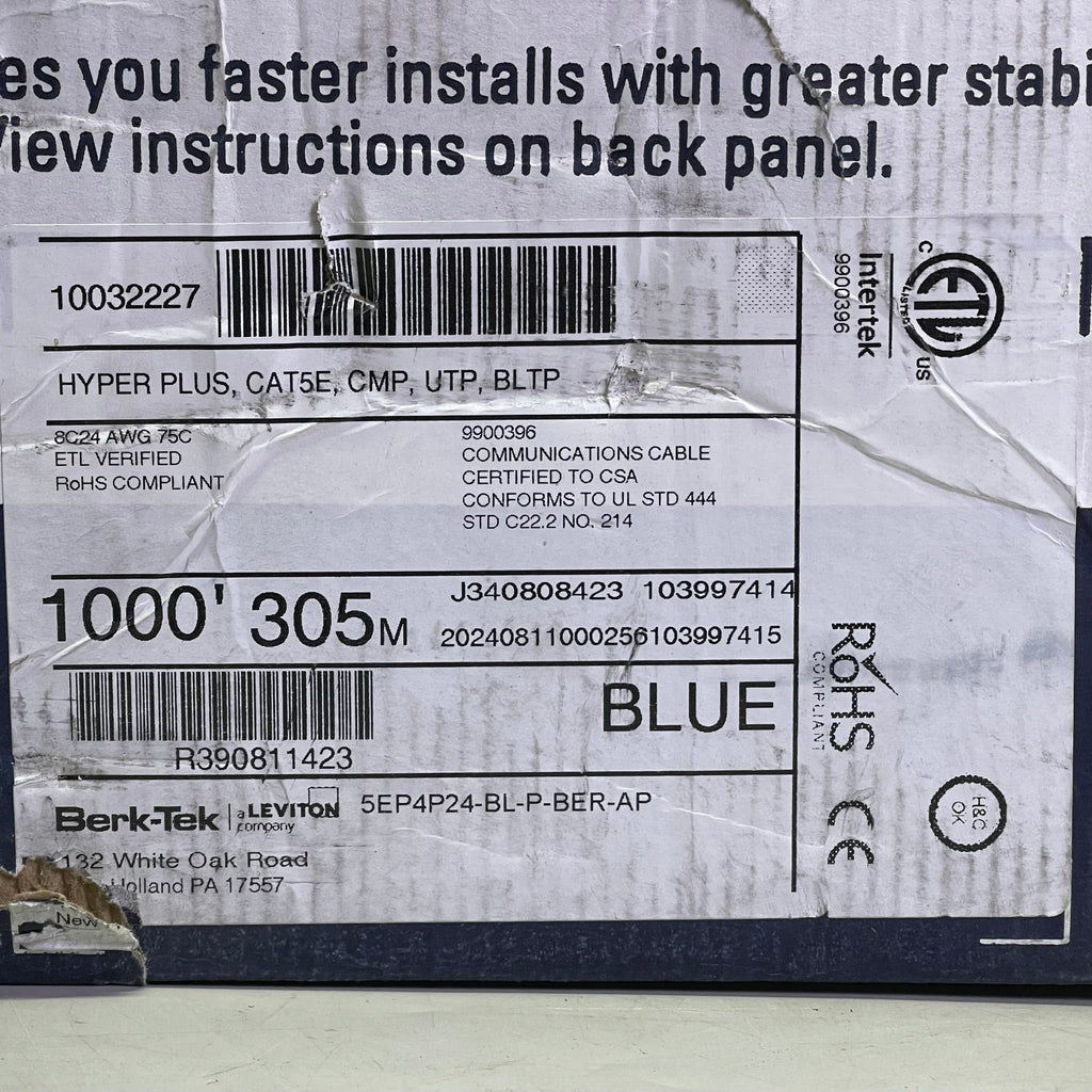 BERK-TEK Hyper Plus 5e Cat 5e UTP Cable 1000' Blue 10032227