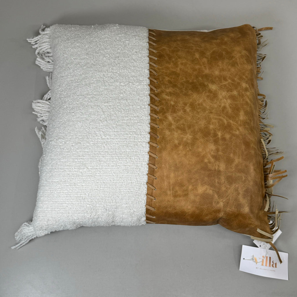 VILLA 22"x22" RN Harris Ivory/Leather Chestnut Decorative Throw Pillow Brown