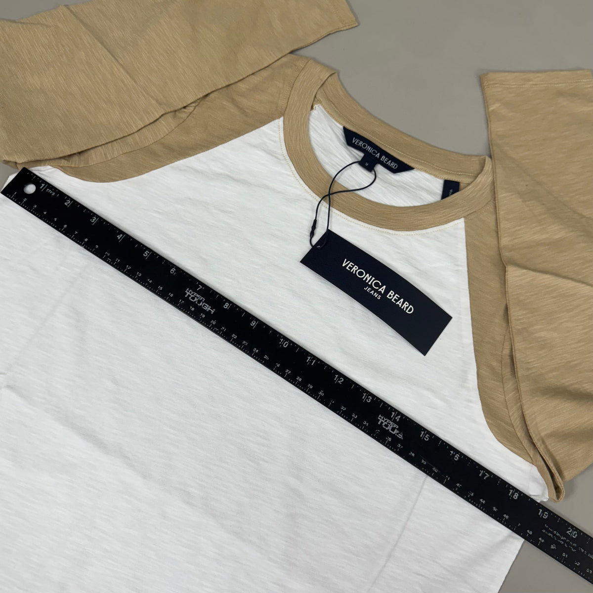 VERONICA BEARD Jeans Women's Mason Baseball Tee Sz-M Stone Khaki/White
