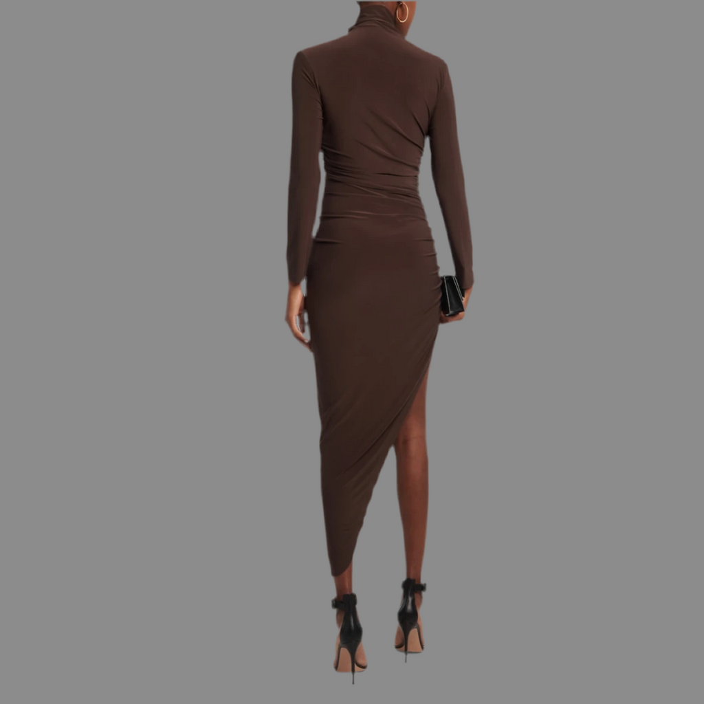 NORMA KAMALI Turtle Neck Ruched Side Drape Gown Unlined Women's XL/42 Chocolate