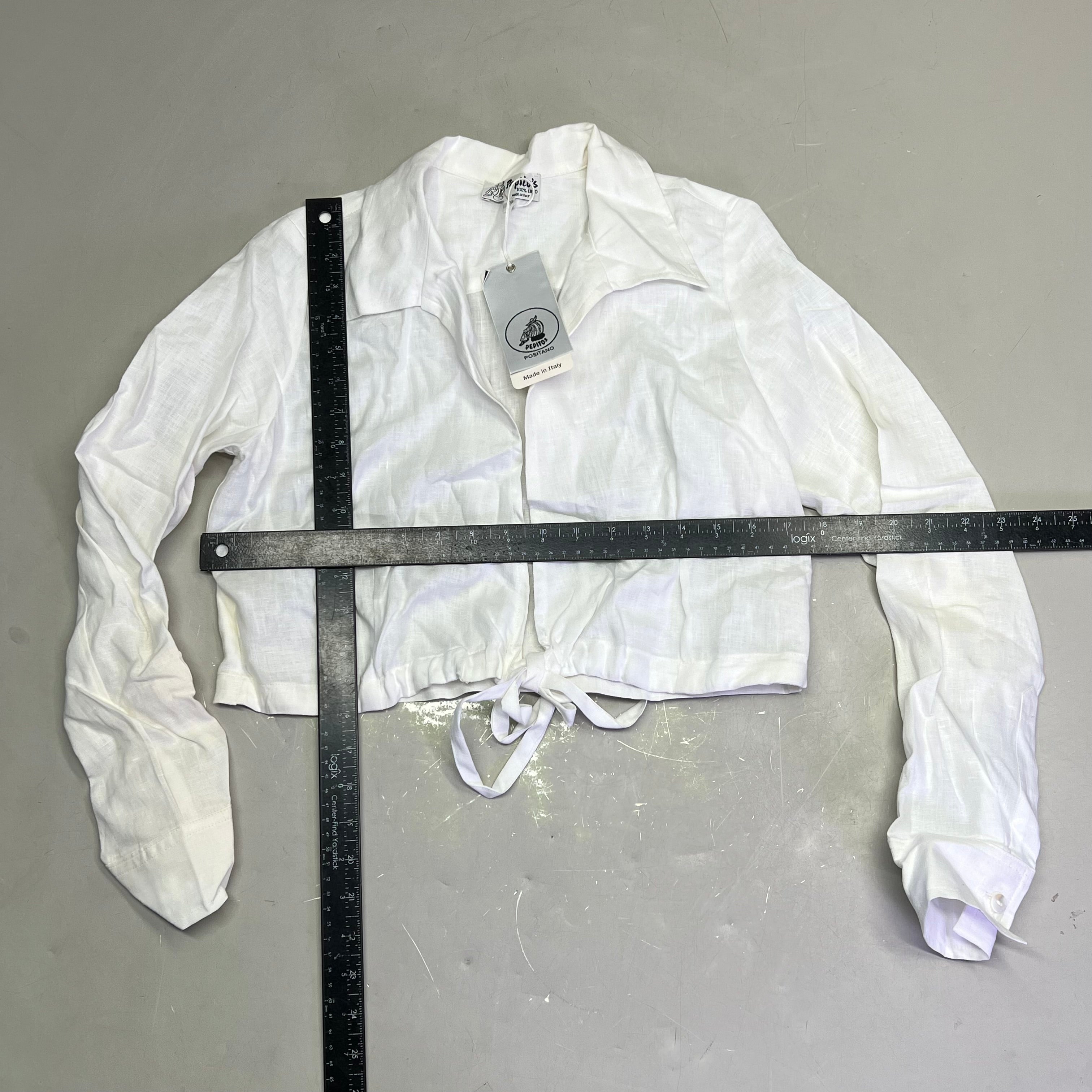 PEITO'S 100% Linen Cropped Long Sleeve Collared Shirt Women's Sz S Solid White