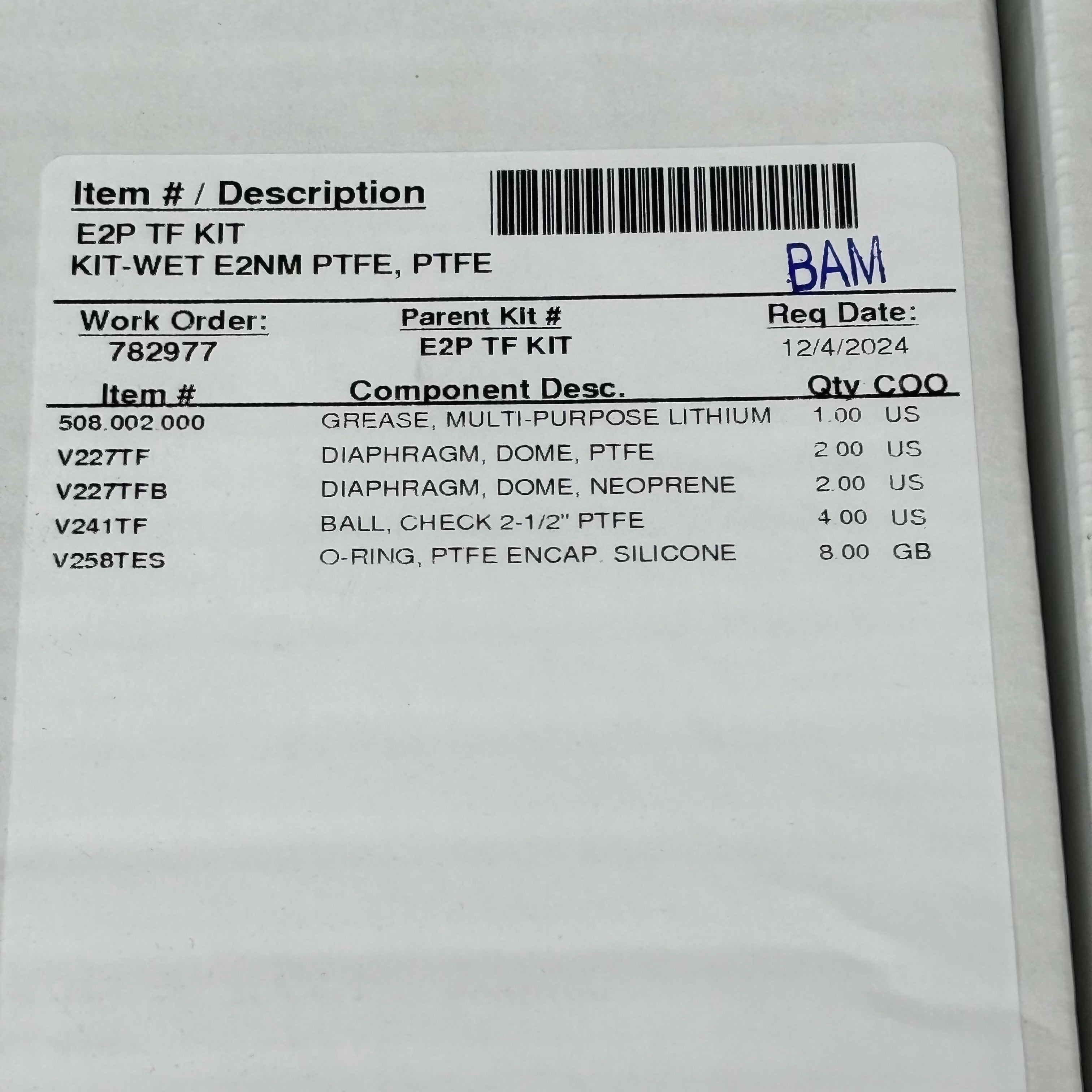 VERSAMATIC Genuine Parts Repair Kit Diaphragm Pump E2P TF KIT