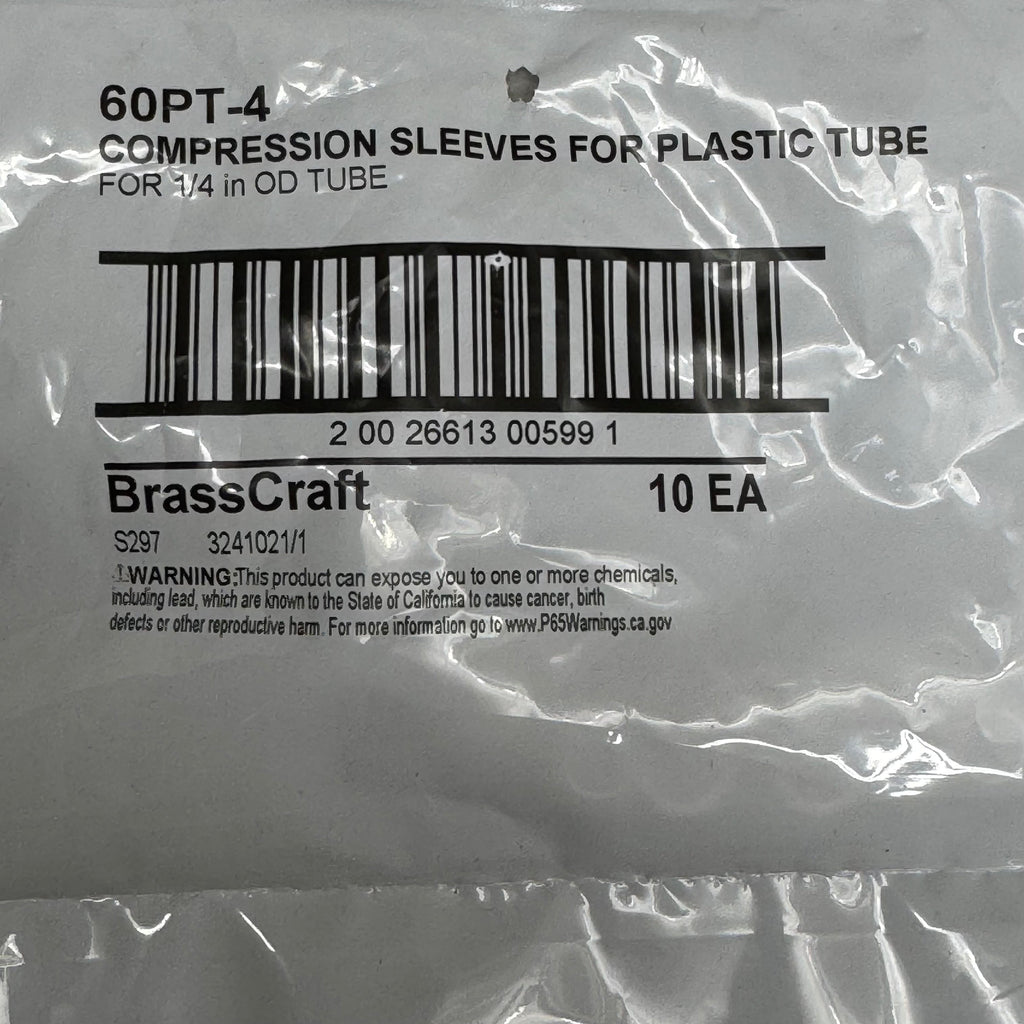 BRASSCRAFT (5 PACKS OF 10 SLEEVES) Compression Sleeves For Plastic Tube FOR 1/4" OD TUBE White 60PT-4